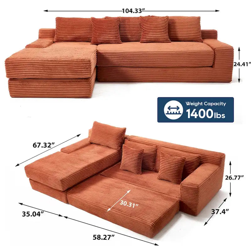 Canapé d'angle en velours côtelé en forme de L avec mousse à mémoire de forme, cadre en acier et aucun assemblage requis, convertible en lit.