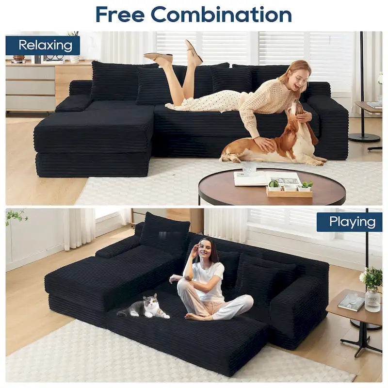 Canapé d'angle en velours côtelé en forme de L avec mousse à mémoire de forme, cadre en acier et aucun assemblage requis, convertible en lit.