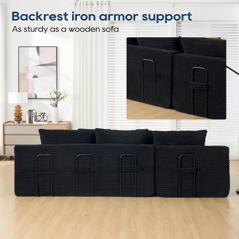 Canapé d'angle en velours côtelé en forme de L avec mousse à mémoire de forme, cadre en acier et aucun assemblage requis, convertible en lit.