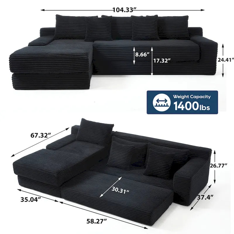 Canapé d'angle en velours côtelé en forme de L avec mousse à mémoire de forme, cadre en acier et aucun assemblage requis, convertible en lit.