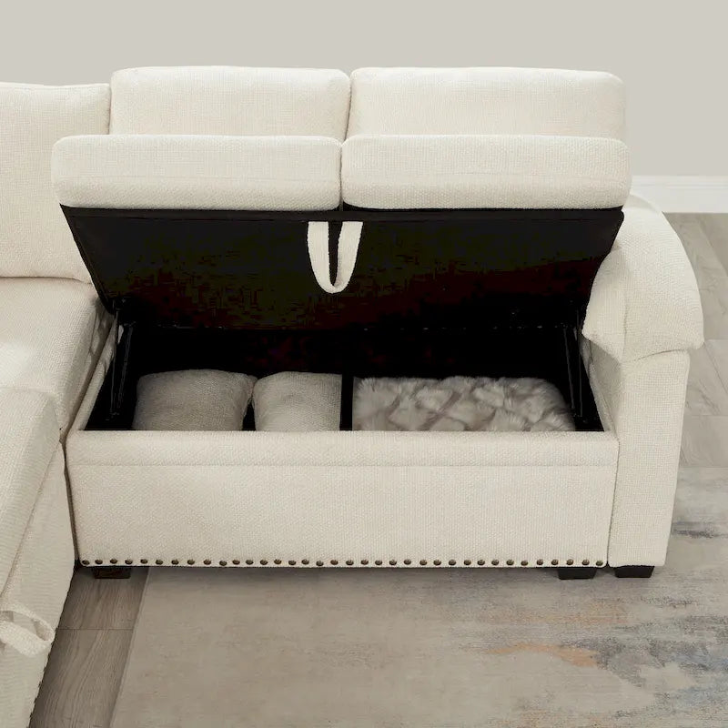 Canapé sectionnel d'angle 97 Chenille avec pouf de rangement, 7 places et 2 coussins - Canapé-lit convertible
