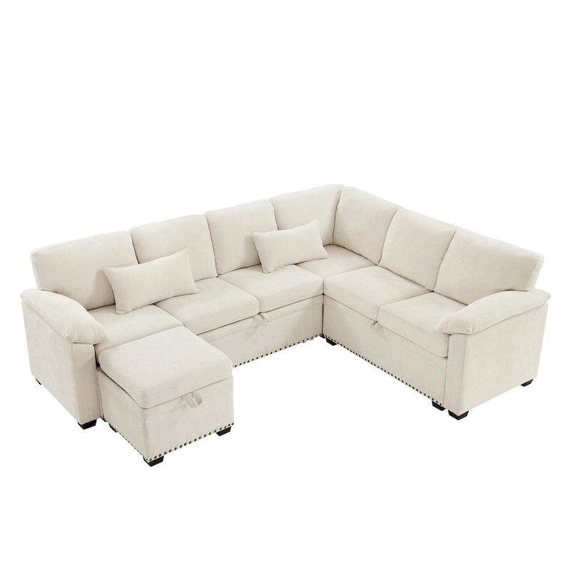 Canapé sectionnel d'angle 97 Chenille avec pouf de rangement, 7 places et 2 coussins - Canapé-lit convertible