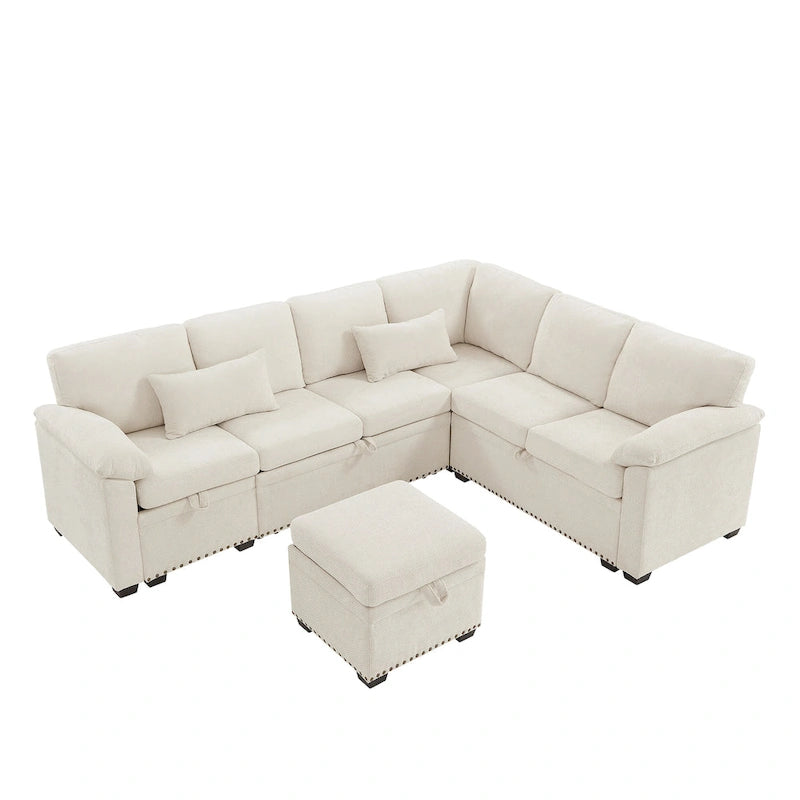 Canapé sectionnel d'angle 97 Chenille avec pouf de rangement, 7 places et 2 coussins - Canapé-lit convertible