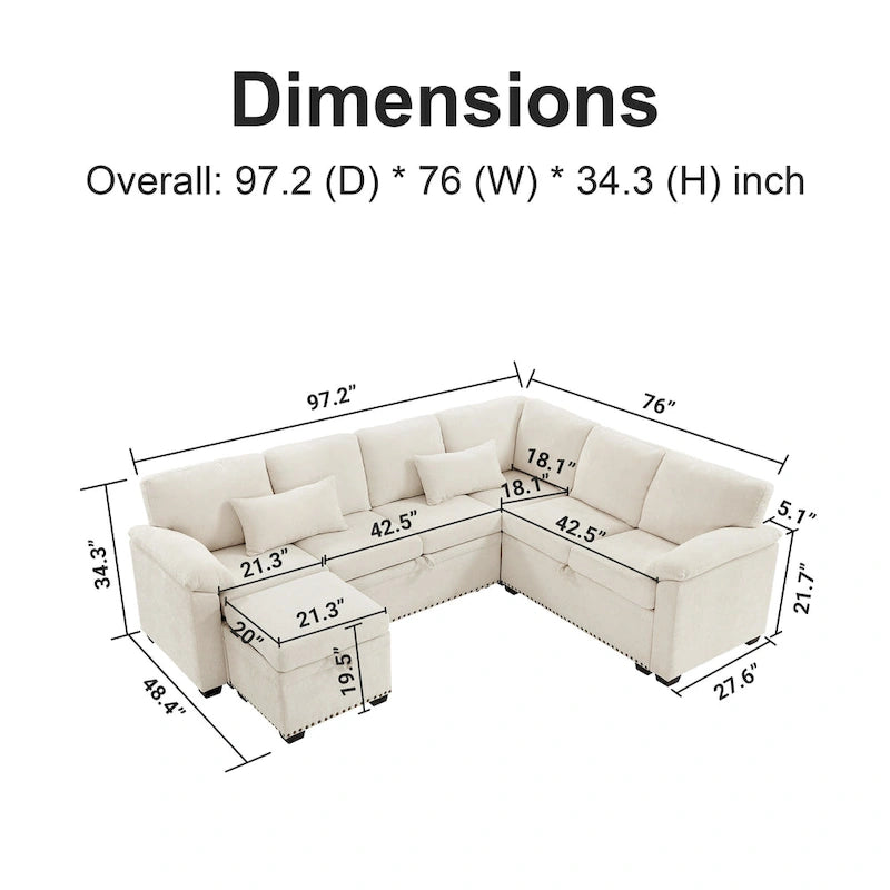 Canapé sectionnel d'angle 97 Chenille avec pouf de rangement, 7 places et 2 coussins - Canapé-lit convertible
