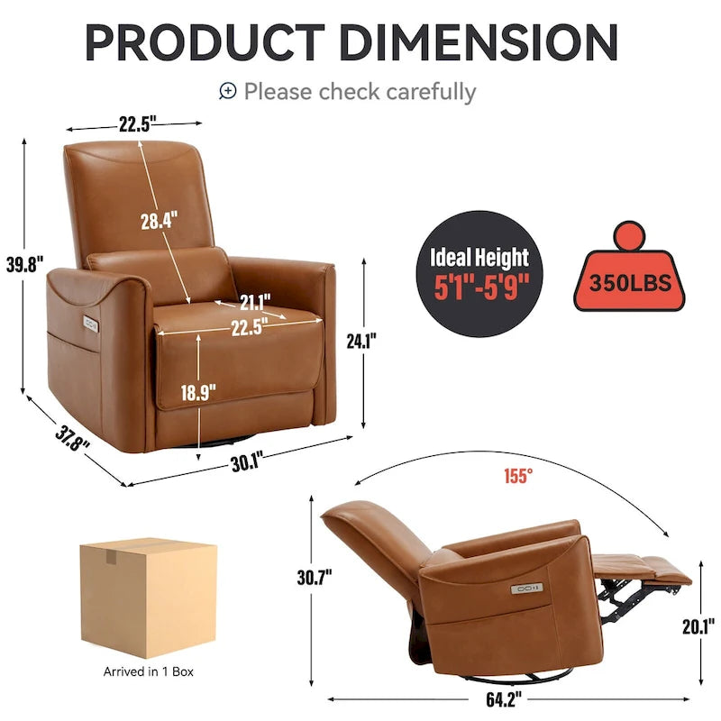 Fauteuil inclinable électrique ergonomique marron avec pivotant à 270°, ports de charge USB et Type-C, et support lombaire