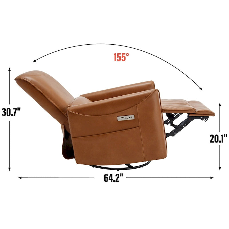 Fauteuil inclinable électrique ergonomique marron avec pivotant à 270°, ports de charge USB et Type-C, et support lombaire