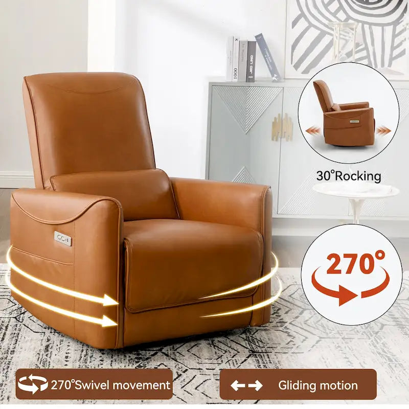 Fauteuil inclinable électrique ergonomique marron avec pivotant à 270°, ports de charge USB et Type-C, et support lombaire