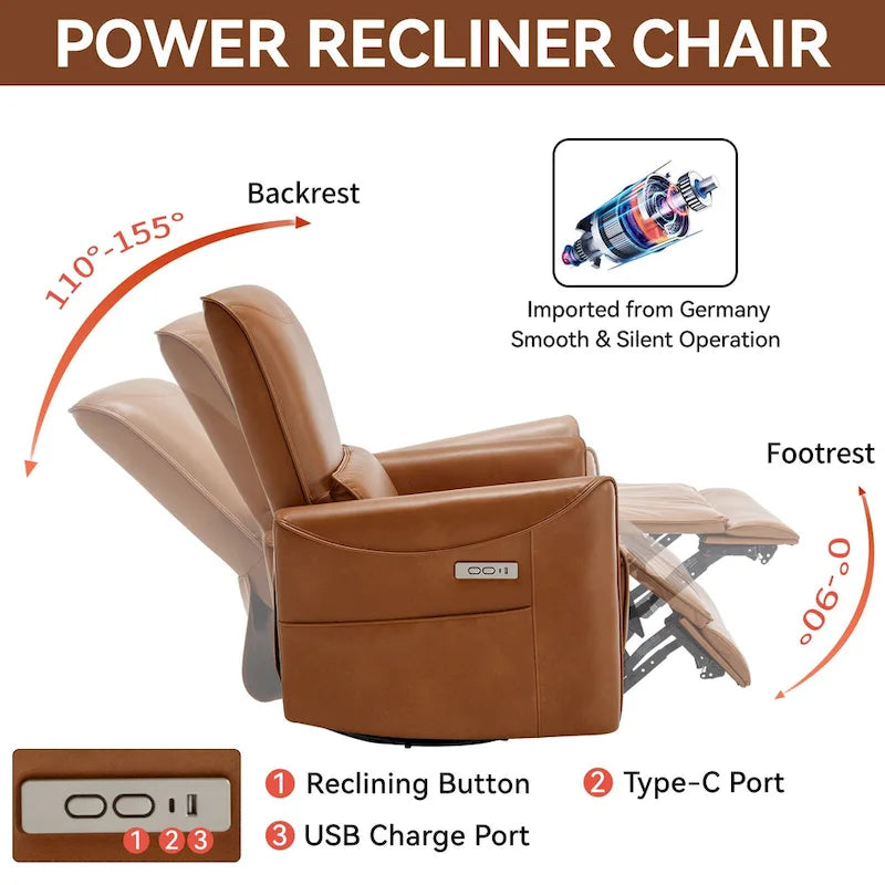Fauteuil inclinable électrique ergonomique marron avec pivotant à 270°, ports de charge USB et Type-C, et support lombaire