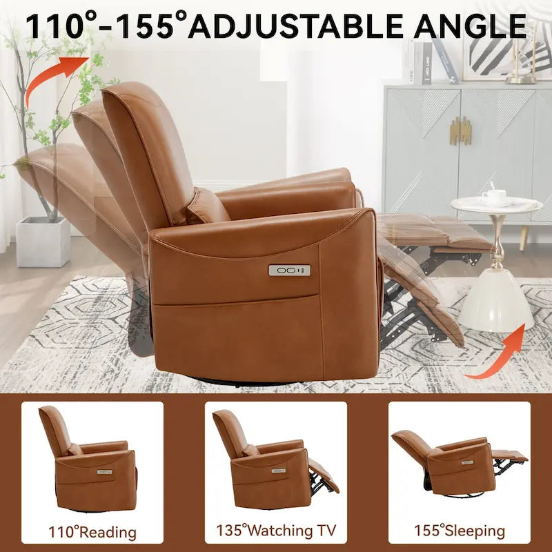 Fauteuil inclinable électrique ergonomique marron avec pivotant à 270°, ports de charge USB et Type-C, et support lombaire