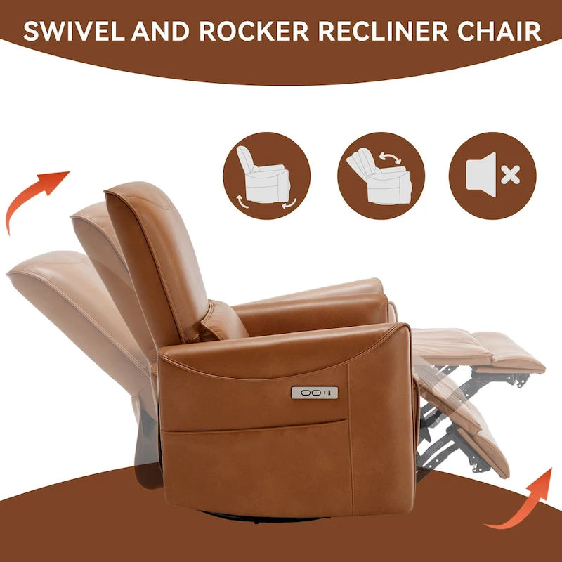 Fauteuil inclinable électrique ergonomique marron avec pivotant à 270°, ports de charge USB et Type-C, et support lombaire