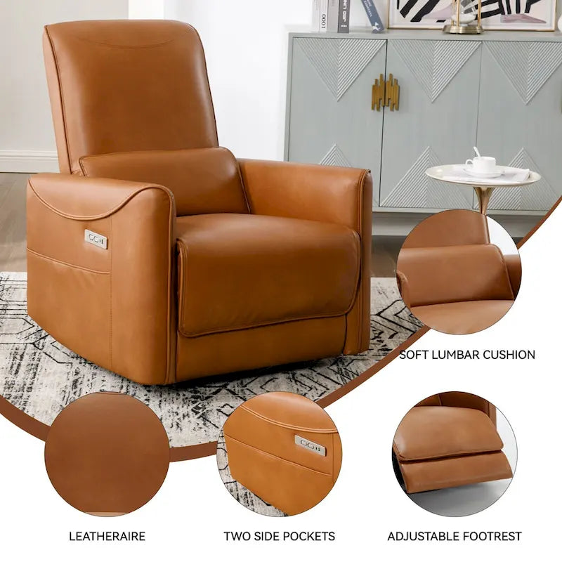 Fauteuil inclinable électrique ergonomique marron avec pivotant à 270°, ports de charge USB et Type-C, et support lombaire