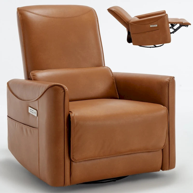 Fauteuil inclinable électrique ergonomique marron avec pivotant à 270°, ports de charge USB et Type-C, et support lombaire