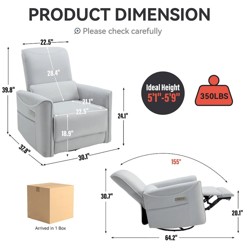 Fauteuil inclinable électrique ergonomique marron avec pivotant à 270°, ports de charge USB et Type-C, et support lombaire