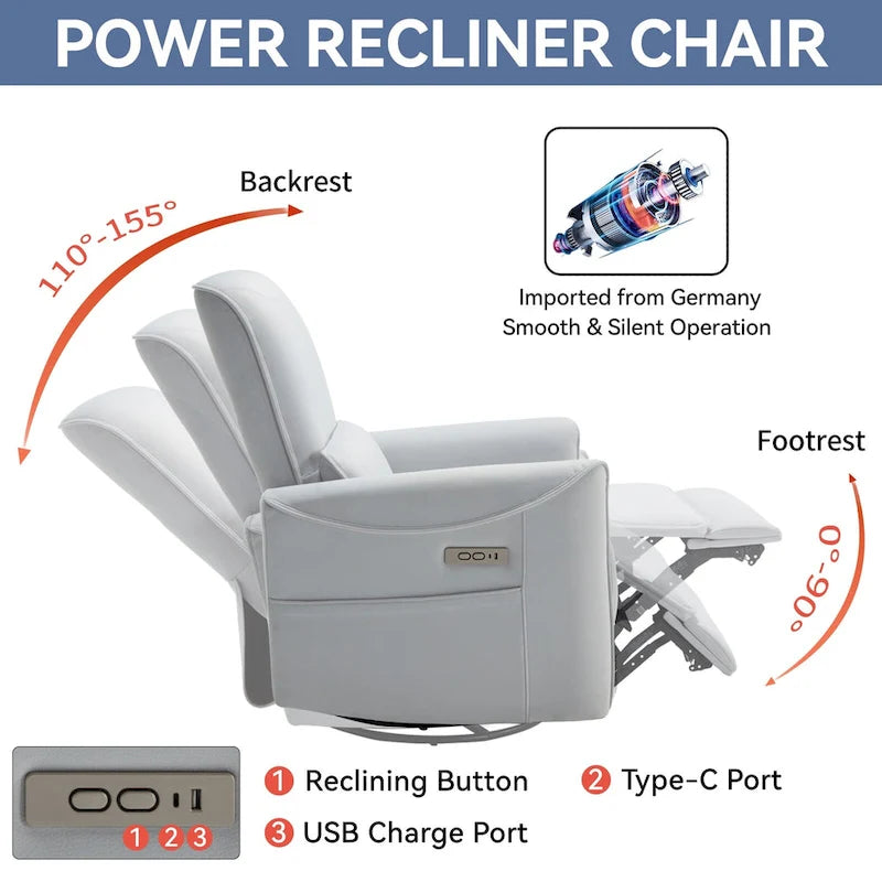 Fauteuil inclinable électrique ergonomique marron avec pivotant à 270°, ports de charge USB et Type-C, et support lombaire