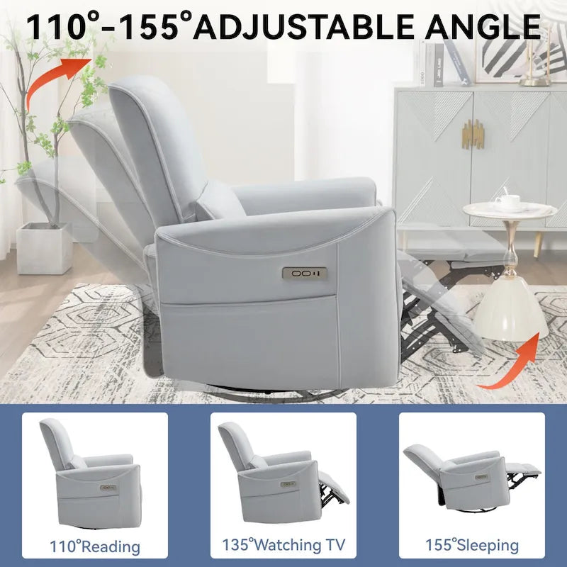 Fauteuil inclinable électrique ergonomique marron avec pivotant à 270°, ports de charge USB et Type-C, et support lombaire