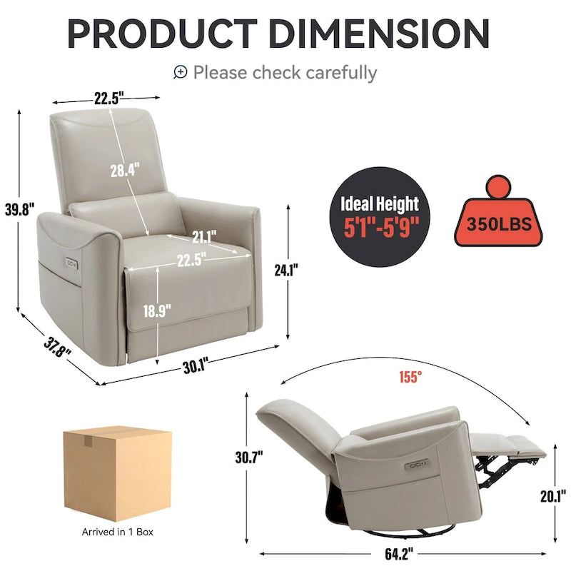 Fauteuil inclinable électrique ergonomique marron avec pivotant à 270°, ports de charge USB et Type-C, et support lombaire