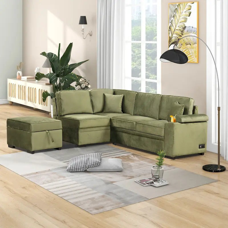 Canapé d'angle en L 5 places de 84,75 po avec pouf de rangement, canapé-lit escamotable 2-en-1 pour salon