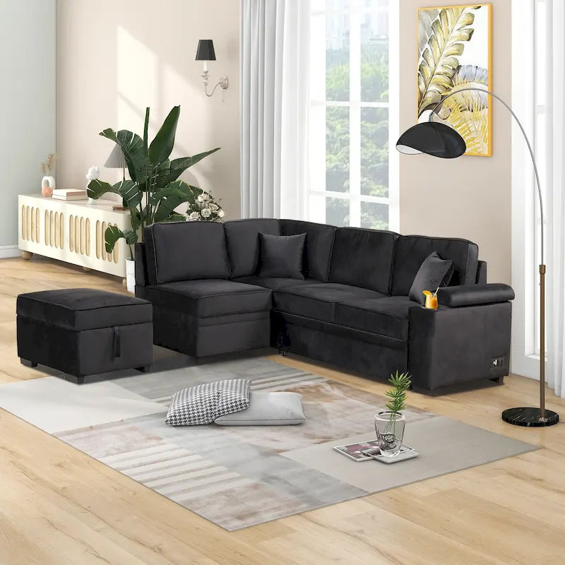 Canapé d'angle en L 5 places de 84,75 po avec pouf de rangement, canapé-lit escamotable 2-en-1 pour salon