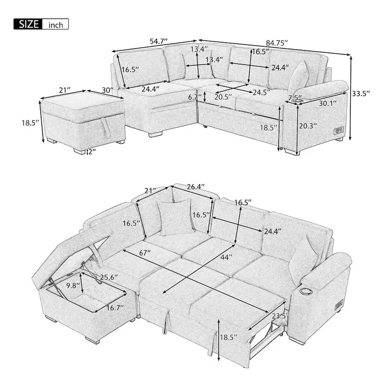 Canapé d'angle en L 5 places de 84,75 po avec pouf de rangement, canapé-lit escamotable 2-en-1 pour salon