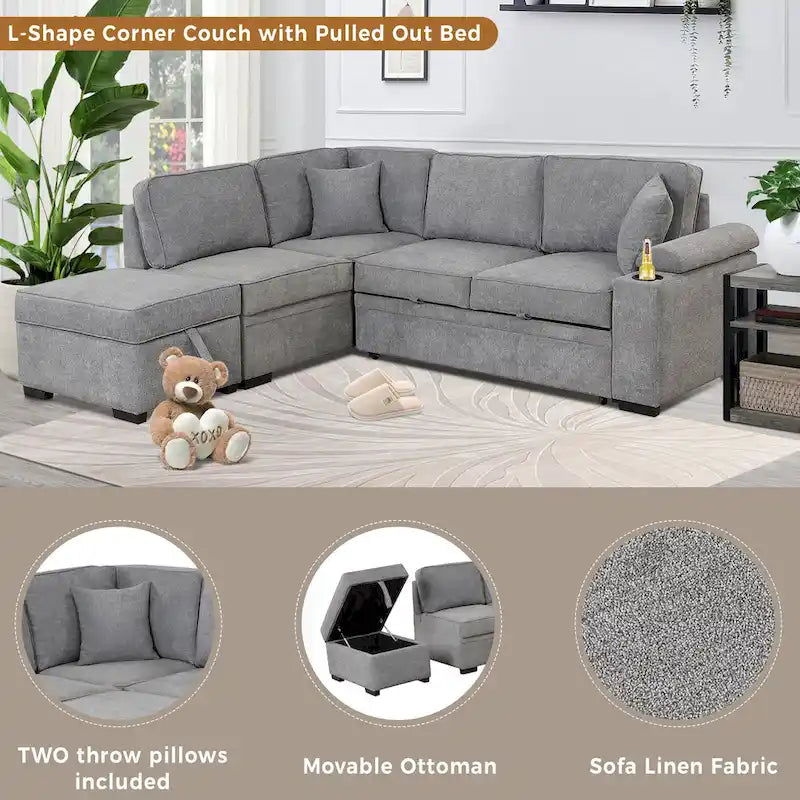 Canapé d'angle en L 5 places de 84,75 po avec pouf de rangement, canapé-lit escamotable 2-en-1 pour salon