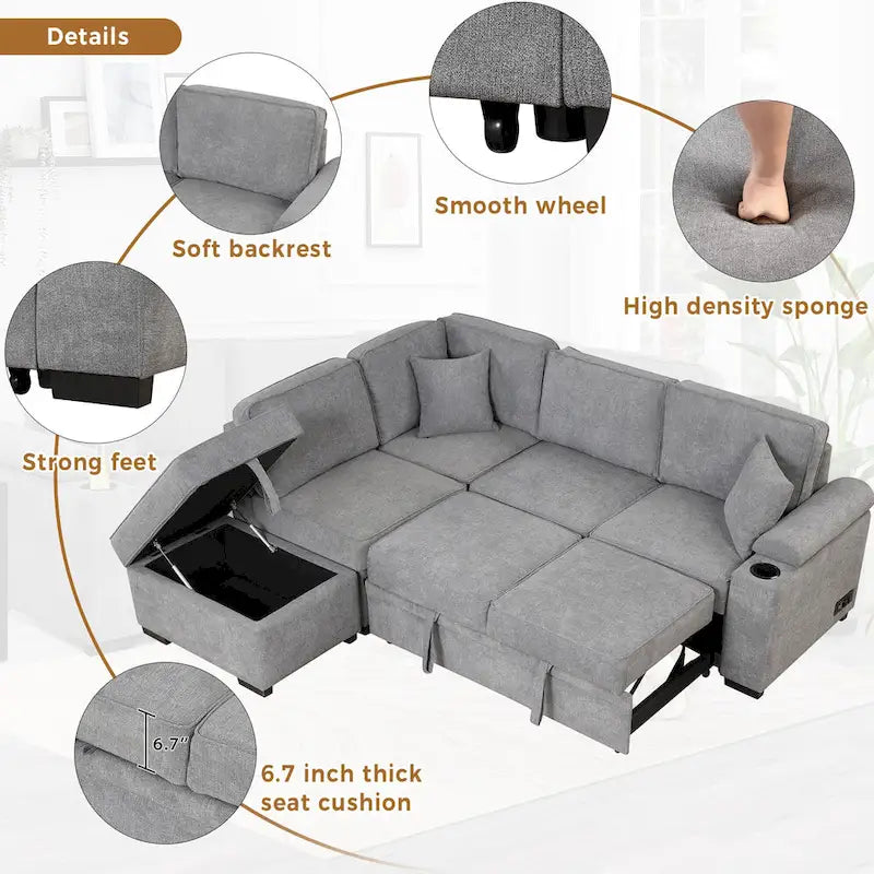 Canapé d'angle en L 5 places de 84,75 po avec pouf de rangement, canapé-lit escamotable 2-en-1 pour salon