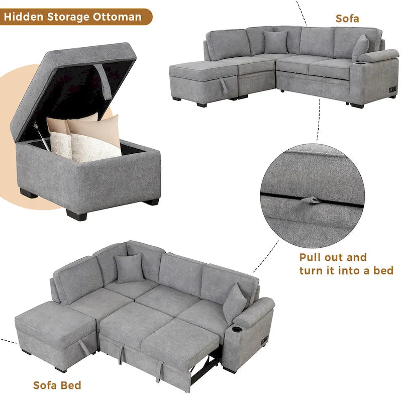 Canapé d'angle en L 5 places de 84,75 po avec pouf de rangement, canapé-lit escamotable 2-en-1 pour salon