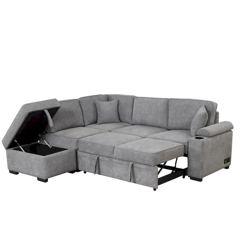 Canapé d'angle en L 5 places de 84,75 po avec pouf de rangement, canapé-lit escamotable 2-en-1 pour salon