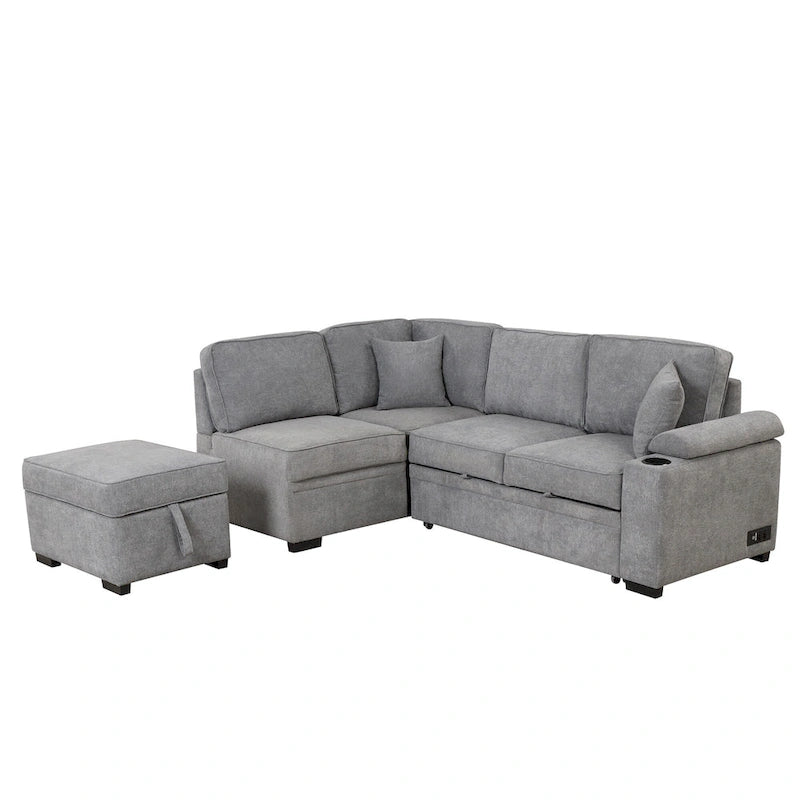 Canapé d'angle en L 5 places de 84,75 po avec pouf de rangement, canapé-lit escamotable 2-en-1 pour salon