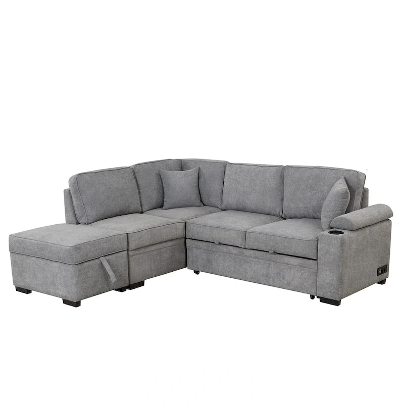 Canapé d'angle en L 5 places de 84,75 po avec pouf de rangement, canapé-lit escamotable 2-en-1 pour salon