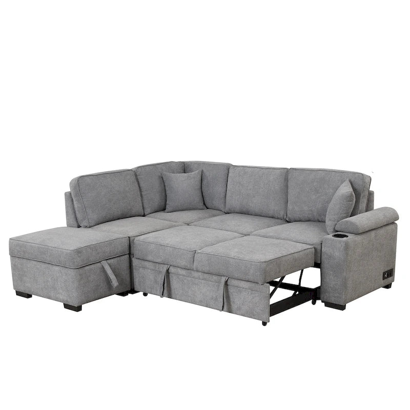 Canapé d'angle en L 5 places de 84,75 po avec pouf de rangement, canapé-lit escamotable 2-en-1 pour salon