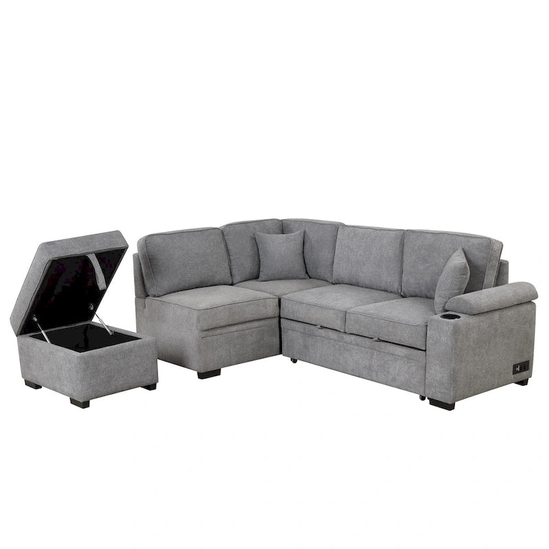 Canapé d'angle en L 5 places de 84,75 po avec pouf de rangement, canapé-lit escamotable 2-en-1 pour salon