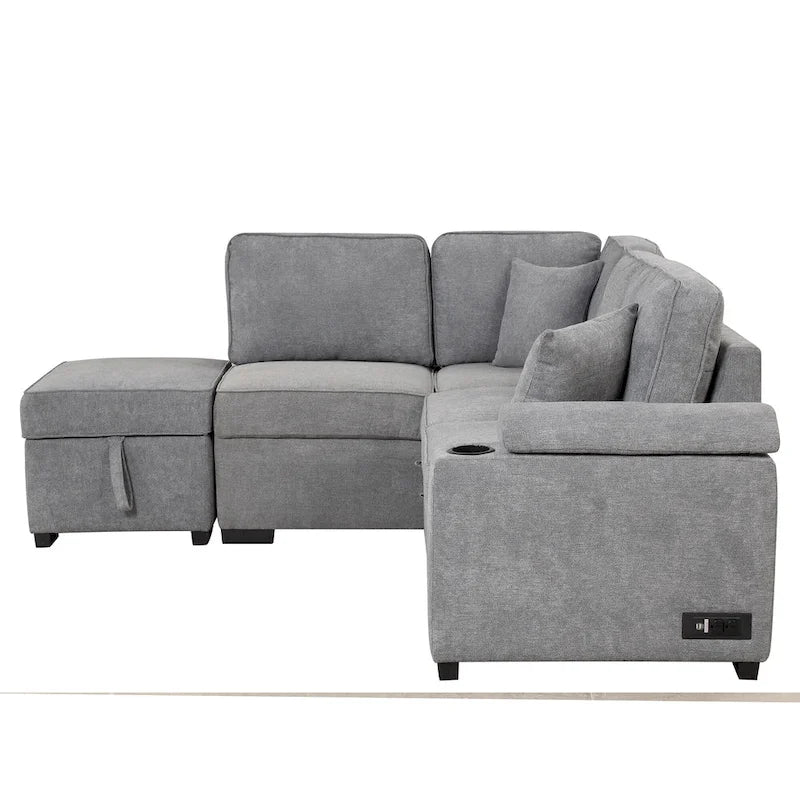Canapé d'angle en L 5 places de 84,75 po avec pouf de rangement, canapé-lit escamotable 2-en-1 pour salon