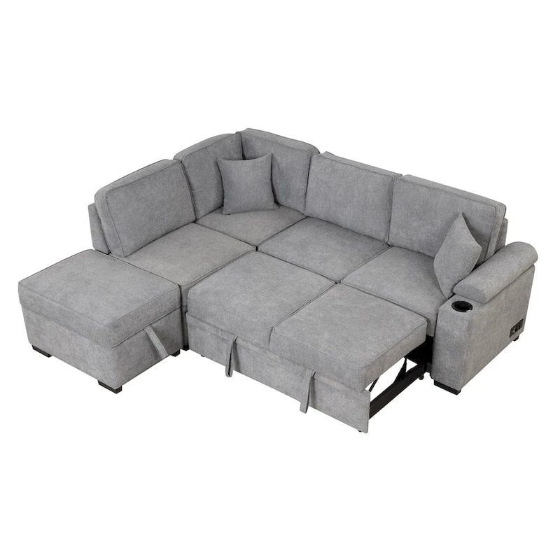 Canapé d'angle en L 5 places de 84,75 po avec pouf de rangement, canapé-lit escamotable 2-en-1 pour salon