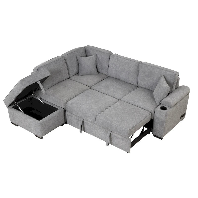 Canapé d'angle en L 5 places de 84,75 po avec pouf de rangement, canapé-lit escamotable 2-en-1 pour salon