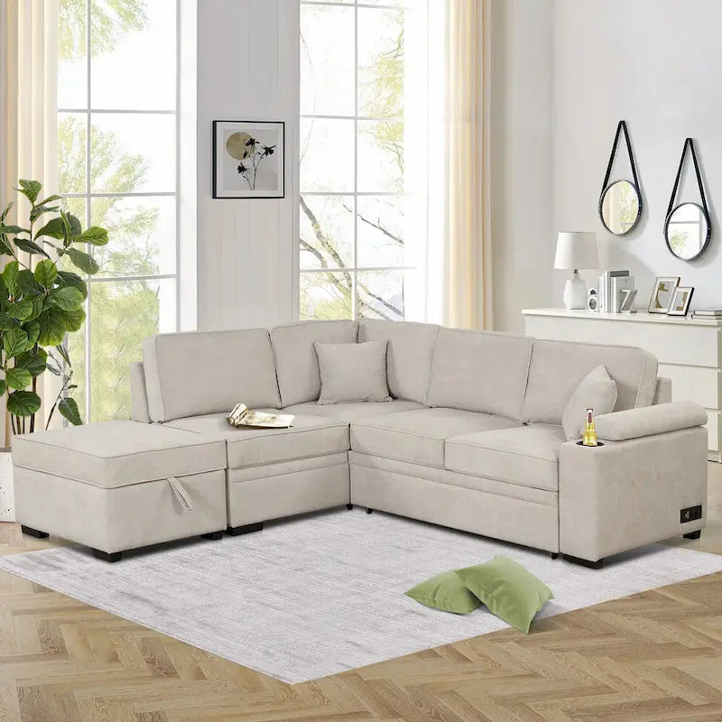 Canapé d'angle en L 5 places de 84,75 po avec pouf de rangement, canapé-lit escamotable 2-en-1 pour salon