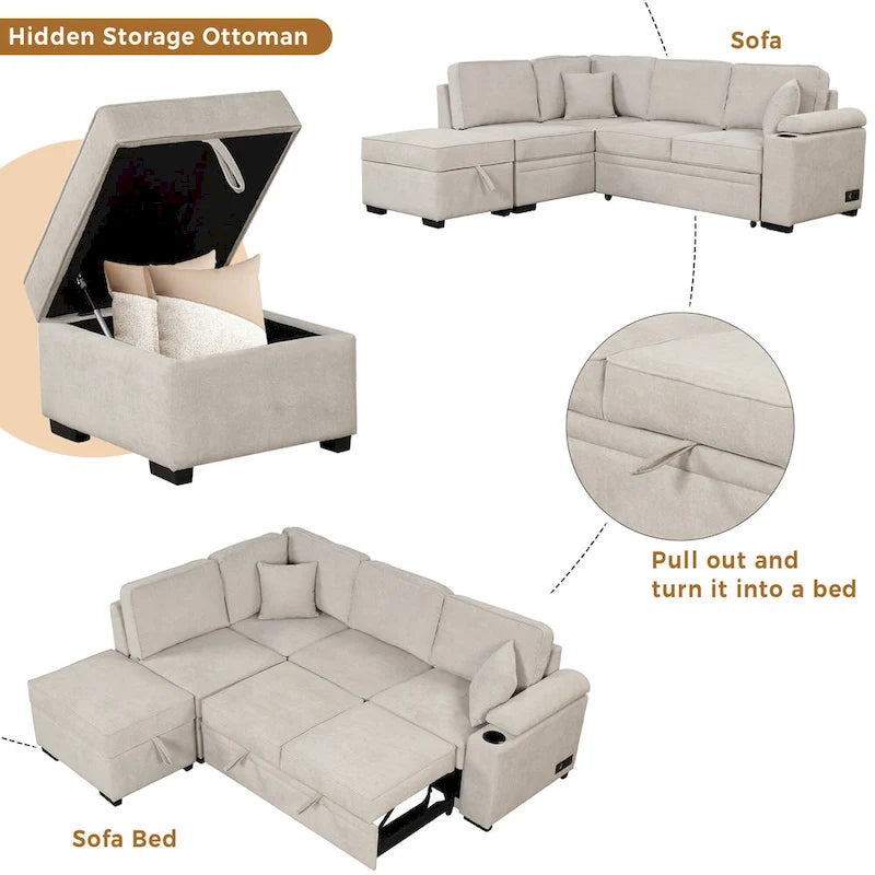 Canapé d'angle en L 5 places de 84,75 po avec pouf de rangement, canapé-lit escamotable 2-en-1 pour salon