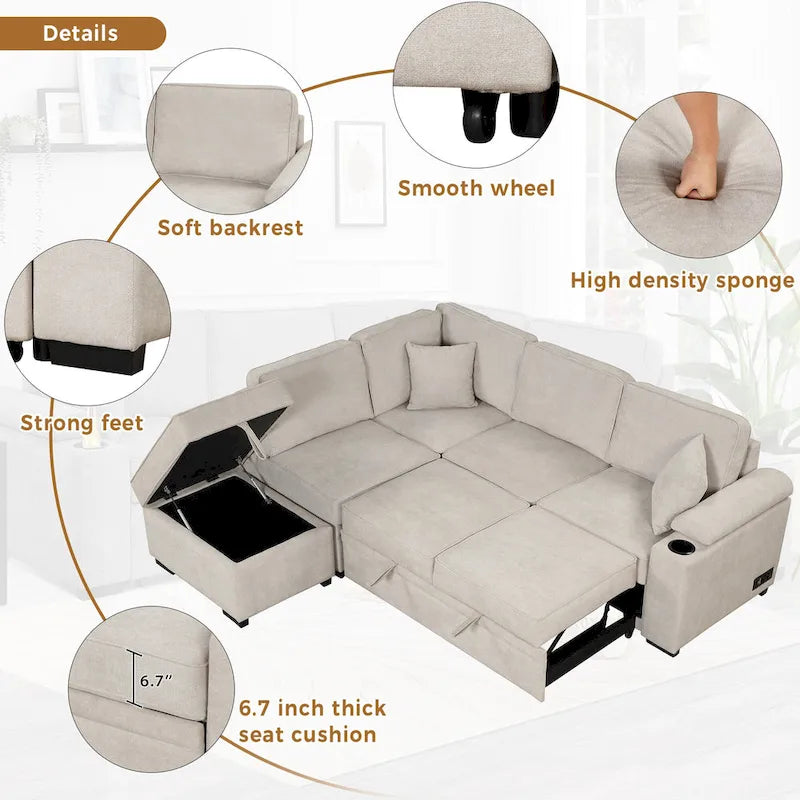 Canapé d'angle en L 5 places de 84,75 po avec pouf de rangement, canapé-lit escamotable 2-en-1 pour salon