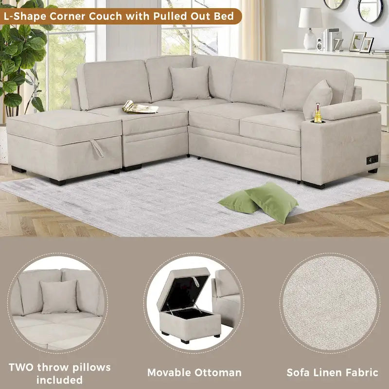 Canapé d'angle en L 5 places de 84,75 po avec pouf de rangement, canapé-lit escamotable 2-en-1 pour salon