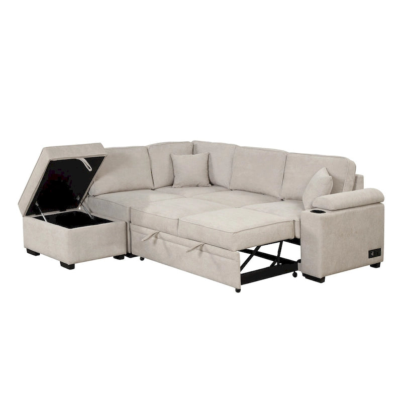 Canapé d'angle en L 5 places de 84,75 po avec pouf de rangement, canapé-lit escamotable 2-en-1 pour salon