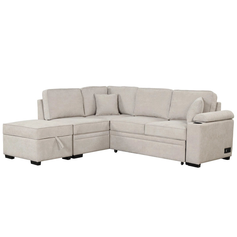 Canapé d'angle en L 5 places de 84,75 po avec pouf de rangement, canapé-lit escamotable 2-en-1 pour salon