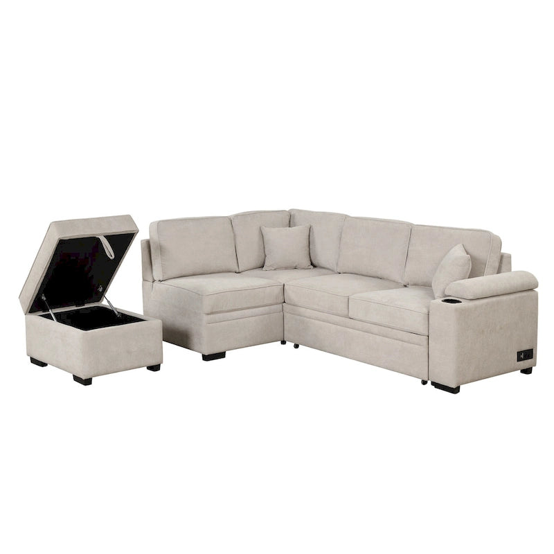 Canapé d'angle en L 5 places de 84,75 po avec pouf de rangement, canapé-lit escamotable 2-en-1 pour salon