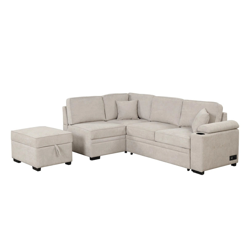 Canapé d'angle en L 5 places de 84,75 po avec pouf de rangement, canapé-lit escamotable 2-en-1 pour salon