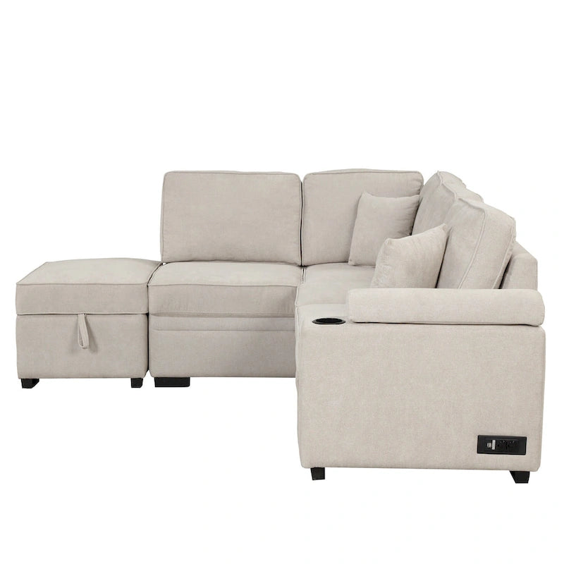 Canapé d'angle en L 5 places de 84,75 po avec pouf de rangement, canapé-lit escamotable 2-en-1 pour salon