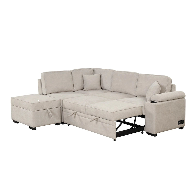 Canapé d'angle en L 5 places de 84,75 po avec pouf de rangement, canapé-lit escamotable 2-en-1 pour salon