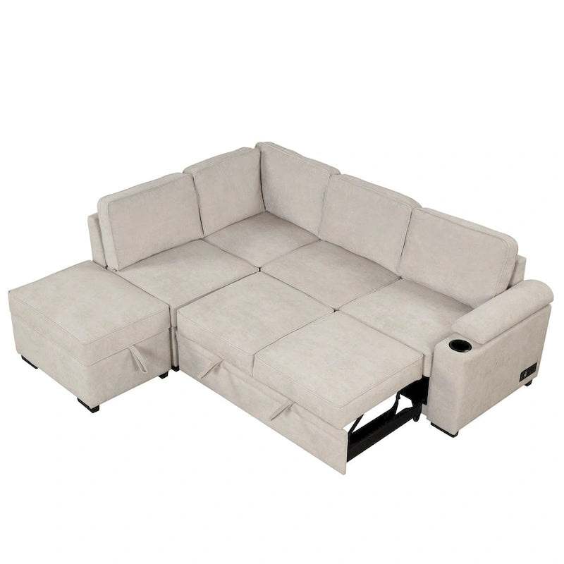 Canapé d'angle en L 5 places de 84,75 po avec pouf de rangement, canapé-lit escamotable 2-en-1 pour salon