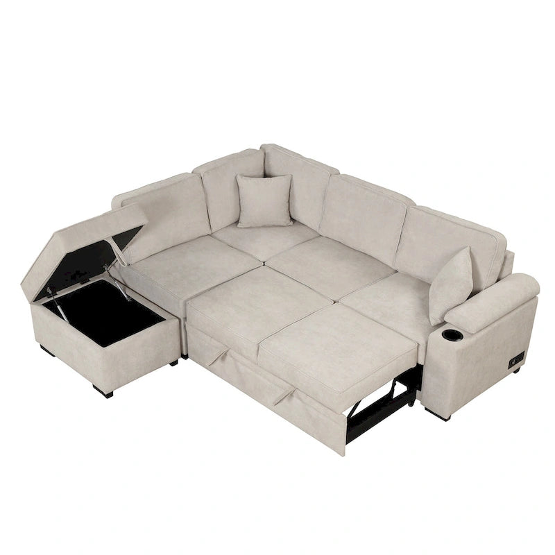 Canapé d'angle en L 5 places de 84,75 po avec pouf de rangement, canapé-lit escamotable 2-en-1 pour salon