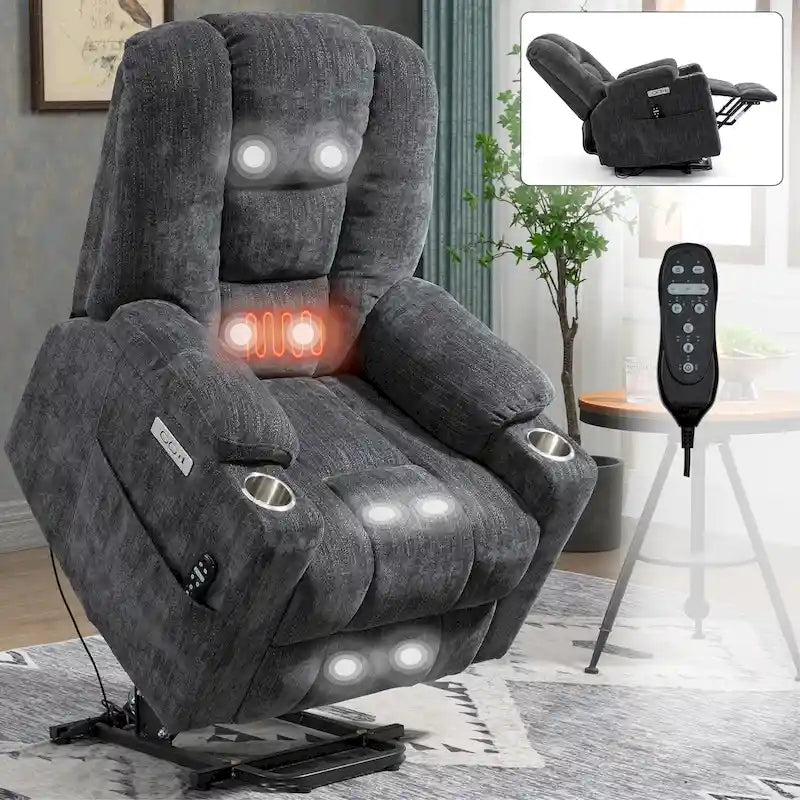 Fauteuil inclinable électrique gris spacieux avec massage, chauffage, deux ports USB, chargement de type C et porte-gobelets