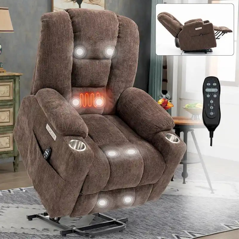 Fauteuil inclinable électrique gris spacieux avec massage, chauffage, deux ports USB, chargement de type C et porte-gobelets