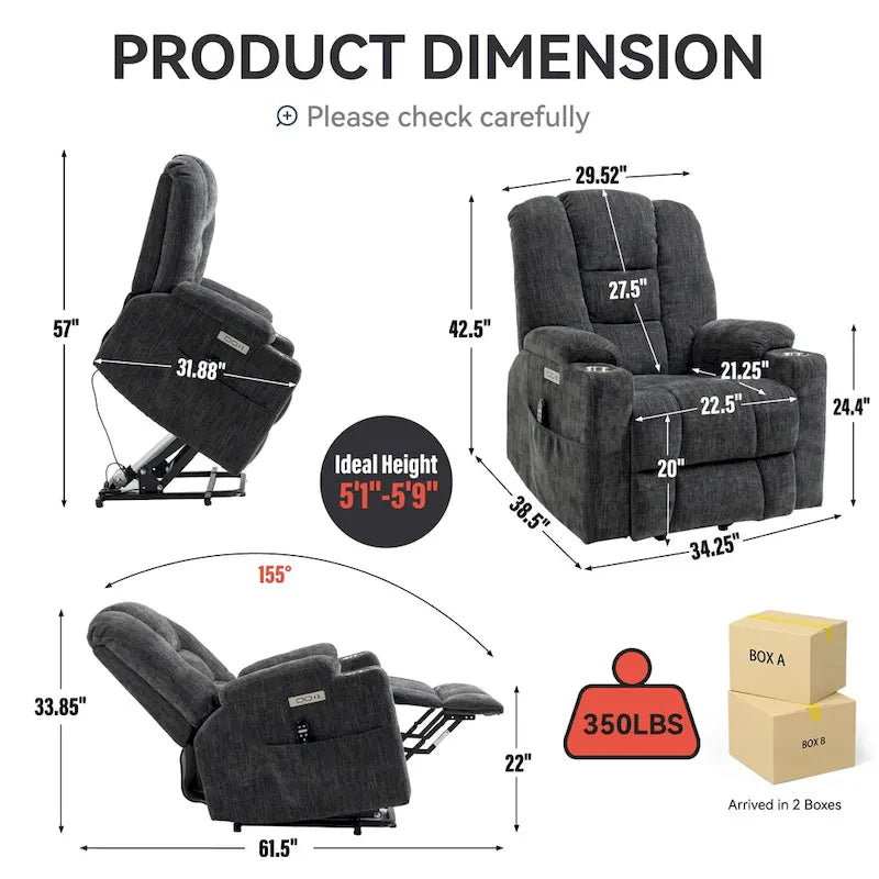 Fauteuil inclinable électrique gris spacieux avec massage, chauffage, deux ports USB, chargement de type C et porte-gobelets