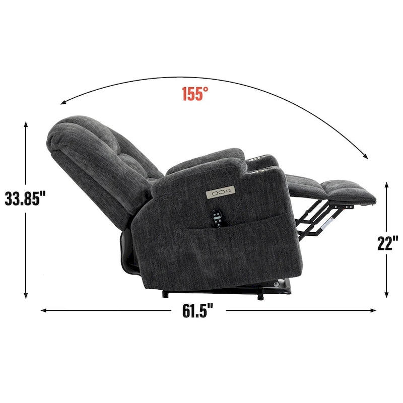 Fauteuil inclinable électrique gris spacieux avec massage, chauffage, deux ports USB, chargement de type C et porte-gobelets